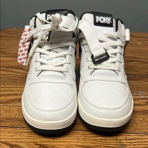 Pony White and Black High-Top Sneakers with Velcro Strap